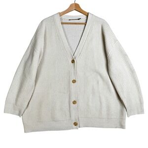 Jenni Kayne Everyday Cocoon Cardigan Ivory 100% Cashmere Ribbed Knit Sweater M